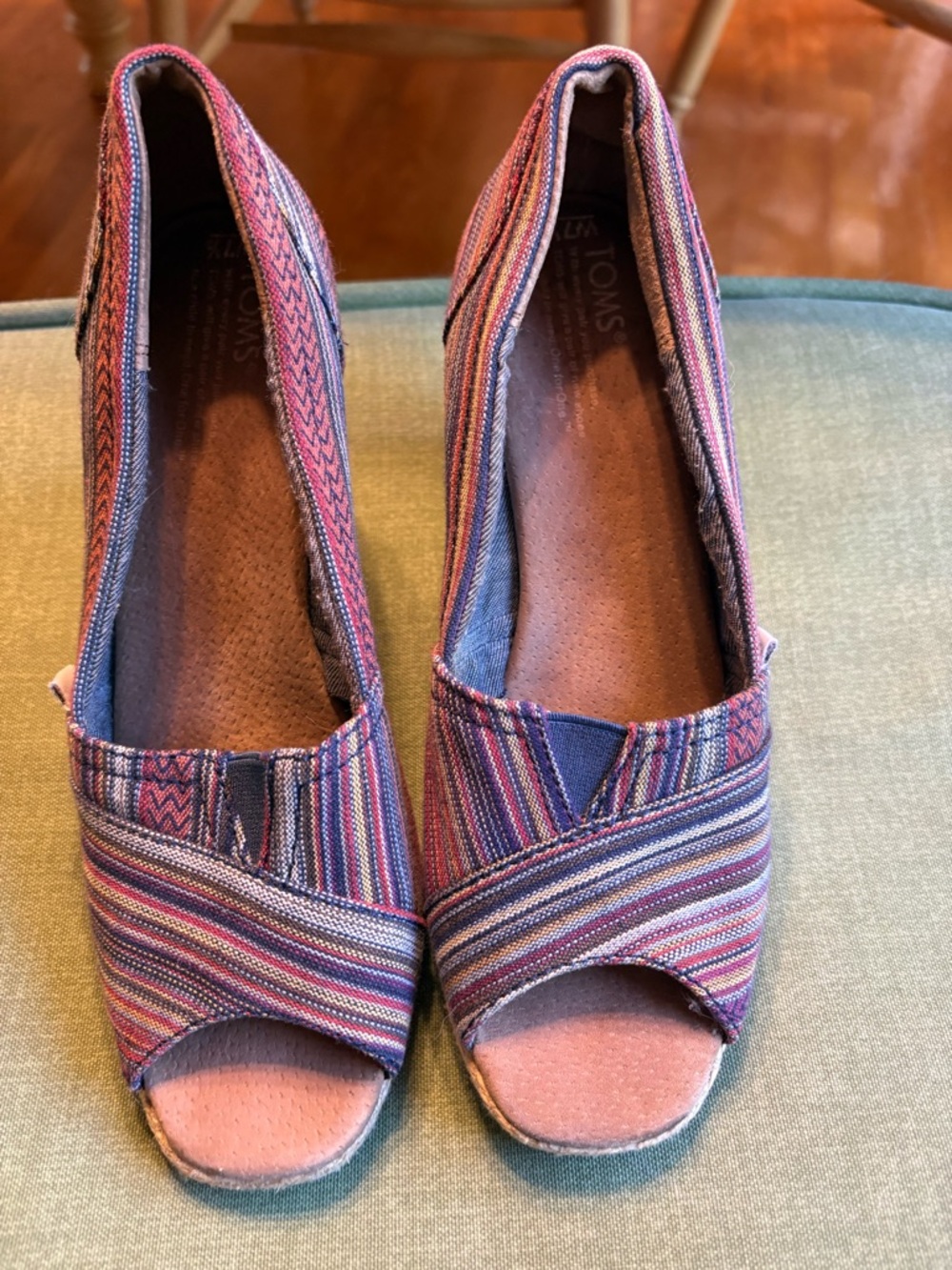 Toms Purple Multi-Stripe Peep-Toe Wedge Flats